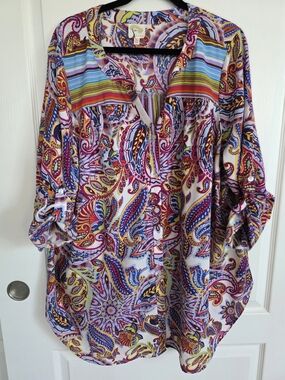 Fig & Flower Plus Size 3X Paisley Stripe Roll-Tab Tunic Blouse in Multicolor Top